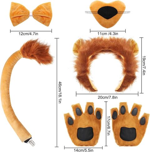 6Pcs Lion Costume Lion Ears Headband and Tail Set Nose Bowtie Gloves Halloween Cosplay Accessories Party Supplies for Kids Adults Brown in Saudi Arabia
