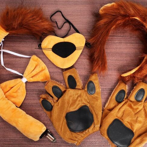6Pcs Lion Costume Lion Ears Headband and Tail Set Nose Bowtie Gloves Halloween Cosplay Accessories Party Supplies for Kids Adults Brown in Saudi Arabia