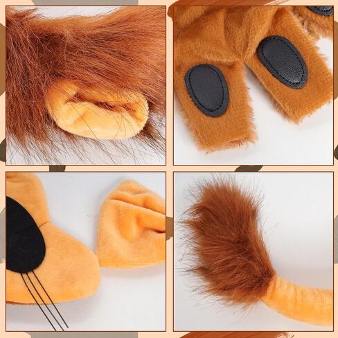 6Pcs Lion Costume Lion Ears Headband and Tail Set Nose Bowtie Gloves Halloween Cosplay Accessories Party Supplies for Kids Adults Brown in Saudi Arabia