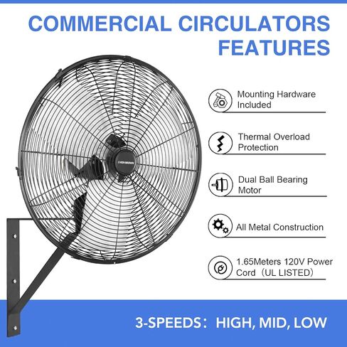 KEN BROWN 18 Inch High Velocity Industrial Wall Mounted Fan 4012CFM 3 Speed for Industrial, Commercial, Residential, and Shop Use - ETL Safety Listed in Saudi Arabia