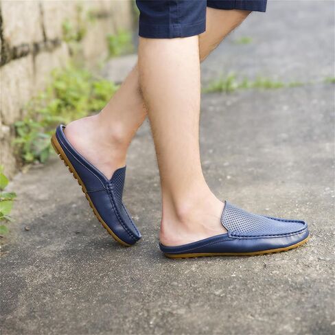 Men's Hollow Leather Slip On Mules Clog Slippers Casual Round Toe Backless Flat Loafers Dress Shoes for Walking Wedding in Saudi Arabia