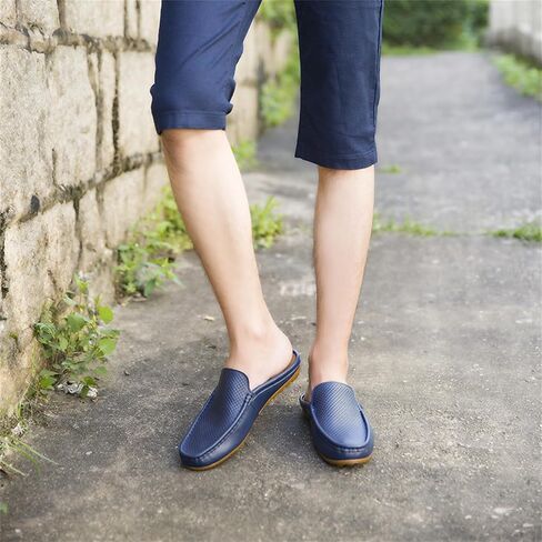 Men's Hollow Leather Slip On Mules Clog Slippers Casual Round Toe Backless Flat Loafers Dress Shoes for Walking Wedding in Saudi Arabia