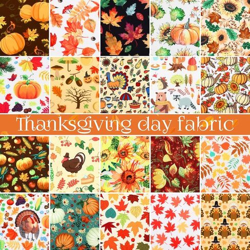 Frienda 20 Pcs Fall Fabric Squares Thanksgiving Autumn Patchwork Fabrics Fat Quarters Fall Fabric Bundles Maple Leaf Turkey Square Fabric for Fall Sewing DIY Crafts in Saudi Arabia