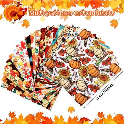 Frienda 20 Pcs Fall Fabric Squares Thanksgiving Autumn Patchwork Fabrics Fat Quarters Fall Fabric Bundles Maple Leaf Turkey Square Fabric for Fall Sewing DIY Crafts in Saudi Arabia