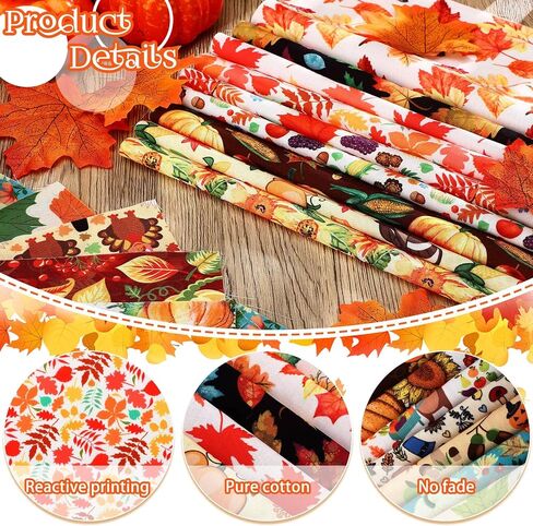 Frienda 20 Pcs Fall Fabric Squares Thanksgiving Autumn Patchwork Fabrics Fat Quarters Fall Fabric Bundles Maple Leaf Turkey Square Fabric for Fall Sewing DIY Crafts in Saudi Arabia