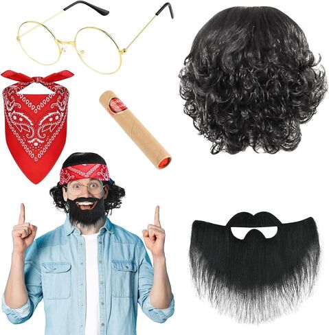 Honic 5 Pcs Halloween Men's Costume Kit Include Black Wig Beanie Suspender and Mustache for Party Dress Up in Saudi Arabia