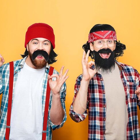 Honic 5 Pcs Halloween Men's Costume Kit Include Black Wig Beanie Suspender and Mustache for Party Dress Up in Saudi Arabia