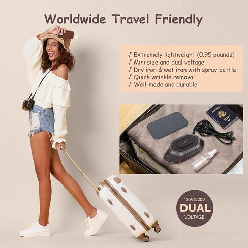 Newbealer Travel Iron with Dual Voltage - 120V/220V Lightweight Dry Iron for Clothes (No Steam), Non-Stick Ceramic Soleplate, 302℉ Mini Heat Press Machine, w/Spray Bottle, Pouch & Silicone Stand in Kuwait