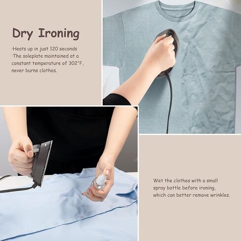 Newbealer Travel Iron with Dual Voltage - 120V/220V Lightweight Dry Iron for Clothes (No Steam), Non-Stick Ceramic Soleplate, 302℉ Mini Heat Press Machine, w/Spray Bottle, Pouch & Silicone Stand in Kuwait