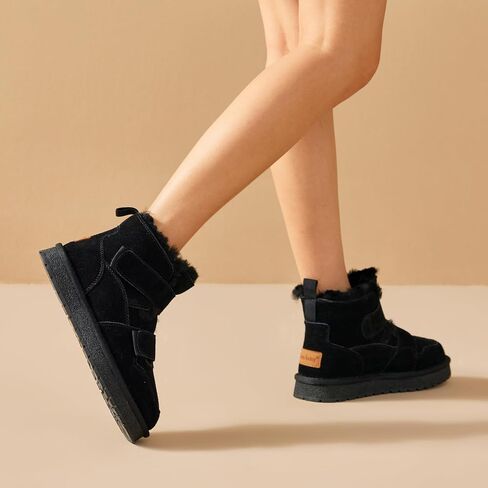 BEAU TODAY Women's Snow Boots, Platform Winter Mini Boots for Women, Genuine Suede Warm Faux Fur Lined Slip-0n Ankle Boots Comfortable Anti-slip Outdoor Short Booties in Saudi Arabia