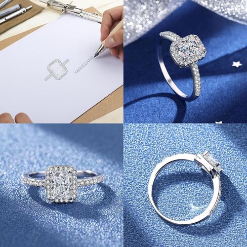 S925 Silver Blue Sapphire Ring, Engagement Rings for Women, Adorned with Moissanite Accents, Square Design for Anniversary, Wedding (Silver, 8) in Saudi Arabia