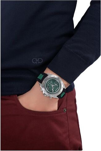 ساعة فيراغامو أوربان كوليكشن الفاخرة للرجال بسوار أسود وهيكل فضي ومينا أخضر، ستانلس ستيل، SFKF00223 in Kuwait