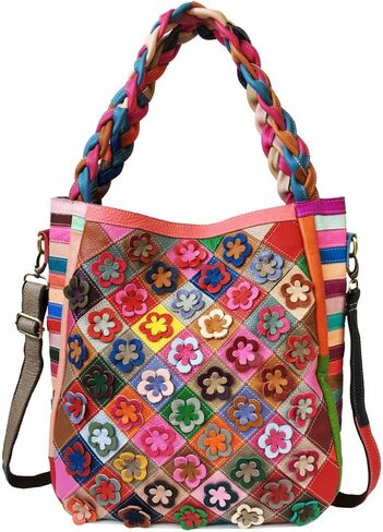 Women Flower Multicolor Handbag Genuine Leather Shoulder Purse Colorful Patchwork Work Shopper Satchel in Saudi Arabia