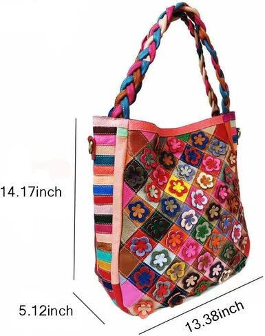 Women Flower Multicolor Handbag Genuine Leather Shoulder Purse Colorful Patchwork Work Shopper Satchel in Saudi Arabia