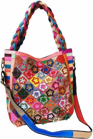 Women Flower Multicolor Handbag Genuine Leather Shoulder Purse Colorful Patchwork Work Shopper Satchel in Saudi Arabia