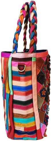 Women Flower Multicolor Handbag Genuine Leather Shoulder Purse Colorful Patchwork Work Shopper Satchel in Saudi Arabia