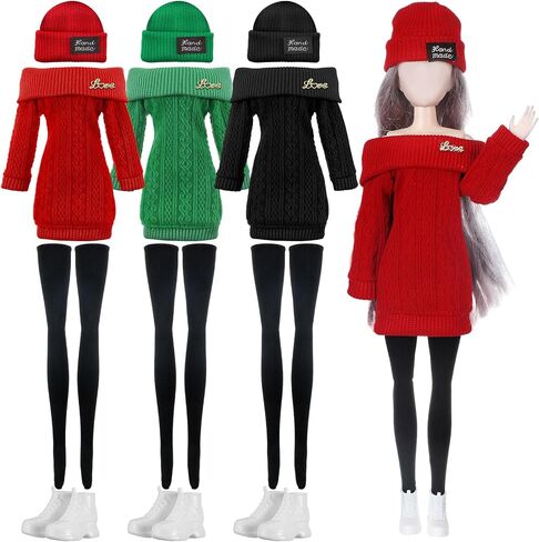 Geyoga 3 Set 12 Pcs Winter Christmas Doll Clothes and Accessories 12 Inch Doll Suit Doll Pants Shoes Sweater Outfits, Dolls are Not Included(Red, Green, Black) in Saudi Arabia