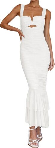 houstil Women's Strap Wedding Guest Dress Wrinkles Mesh Bodycon Party Maxi Cocktail Cut Out Clubwear Summer in Saudi Arabia