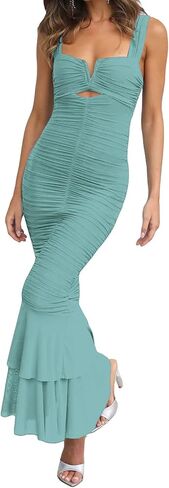 houstil Women's Strap Wedding Guest Dress Wrinkles Mesh Bodycon Party Maxi Cocktail Cut Out Clubwear Summer in Saudi Arabia
