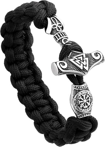 HAQUIL Nordic Thor's Hammer باراكورد سوار مع مشبك محفور | تميمة Mjolnir Viking، شريط أسود مضفر in Saudi Arabia