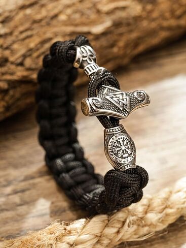 HAQUIL Nordic Thor's Hammer باراكورد سوار مع مشبك محفور | تميمة Mjolnir Viking، شريط أسود مضفر in Saudi Arabia