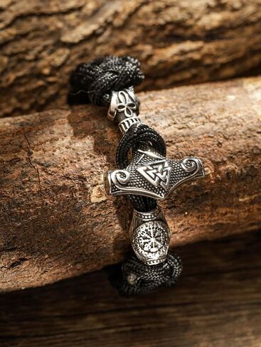 HAQUIL Nordic Thor's Hammer باراكورد سوار مع مشبك محفور | تميمة Mjolnir Viking، شريط أسود مضفر in Saudi Arabia