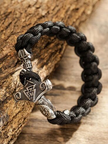 HAQUIL Nordic Thor's Hammer باراكورد سوار مع مشبك محفور | تميمة Mjolnir Viking، شريط أسود مضفر in Saudi Arabia