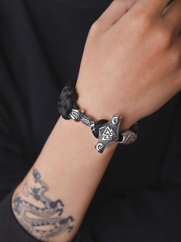HAQUIL Nordic Thor's Hammer باراكورد سوار مع مشبك محفور | تميمة Mjolnir Viking، شريط أسود مضفر in Saudi Arabia