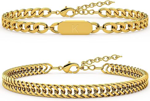 2PCS Initial Letter Cuban Bracelet, A-Z Letter Pendant Stainless Steel Gold Cuban Link Chain for Men Women Jewelry Set Valentines Day Birthday Christmas Gift for Him Her in Saudi Arabia