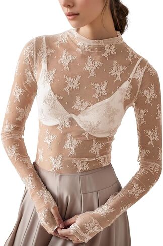 Yimoon Women's Mesh Tops Long Sleeve Sheer Floral Lace Layering Tops Sexy Mock Neck See Through Blouse in Kuwait