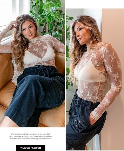 Yimoon Women's Mesh Tops Long Sleeve Sheer Floral Lace Layering Tops Sexy Mock Neck See Through Blouse in Kuwait