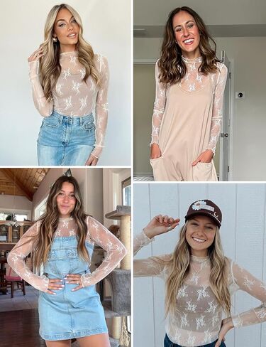 Yimoon Women's Mesh Tops Long Sleeve Sheer Floral Lace Layering Tops Sexy Mock Neck See Through Blouse in Kuwait