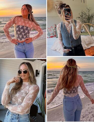 Yimoon Women's Mesh Tops Long Sleeve Sheer Floral Lace Layering Tops Sexy Mock Neck See Through Blouse in Kuwait