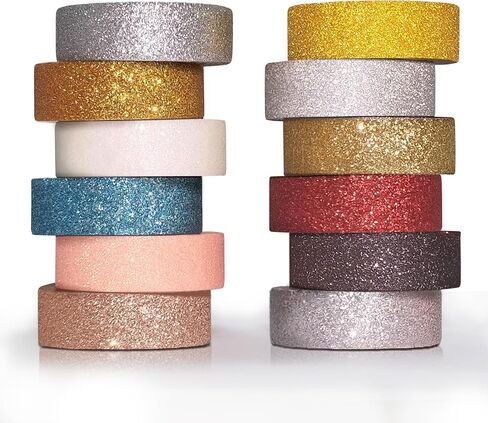 Glitter Washi Tape Set 12 rolls 5/8" *196 inches(15mm*5M)Decorative Tape,Craft Self Adhesive Stick On Sticky Glitter Trim for DIY crafts, present wrapping, party decorations, planners and scrapbooking in Saudi Arabia