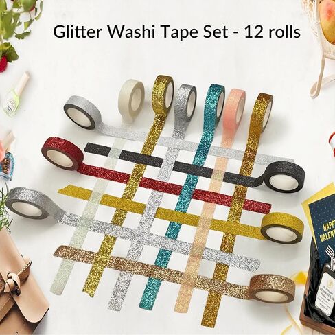 Glitter Washi Tape Set 12 rolls 5/8" *196 inches(15mm*5M)Decorative Tape,Craft Self Adhesive Stick On Sticky Glitter Trim for DIY crafts, present wrapping, party decorations, planners and scrapbooking in Saudi Arabia
