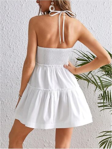 MakeMeChic Women's Sleeveless Tie Backless Halter Dress High Waisted Mini Short Smocked Dress in Saudi Arabia