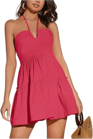 MakeMeChic Women's Sleeveless Tie Backless Halter Dress High Waisted Mini Short Smocked Dress in Saudi Arabia