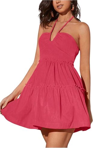 MakeMeChic Women's Sleeveless Tie Backless Halter Dress High Waisted Mini Short Smocked Dress in Saudi Arabia