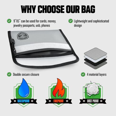 Fireproof Document Bag (5x8 inch), Waterproof Money Bag Pocket with Zipper Closure, Storage Pouch for Valuables, A4 A5 Document File, Cash, Credit Card, Passport (Grey) in Kuwait