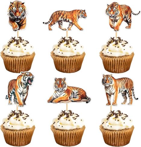 Ercadio 24 Pack Tiger Cupcake Toppers Tiger Cupcake Picks Animal Cupcake Picks Tiger Birthday Cupcake Decorations for Baby Shower Birthday Animal Theme Party Cake Decor Supplies in Kuwait
