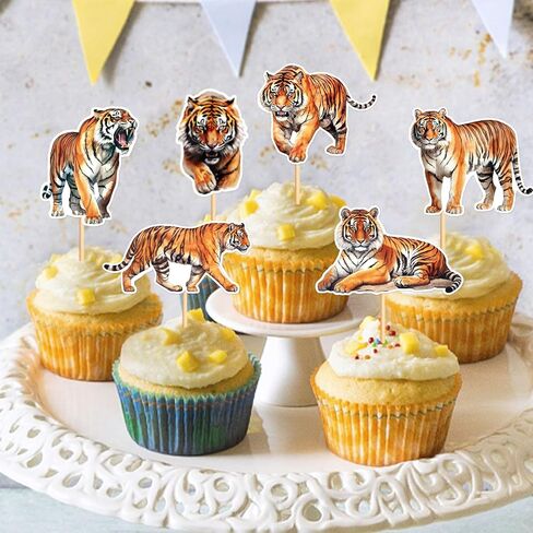 Ercadio 24 Pack Tiger Cupcake Toppers Tiger Cupcake Picks Animal Cupcake Picks Tiger Birthday Cupcake Decorations for Baby Shower Birthday Animal Theme Party Cake Decor Supplies in Kuwait