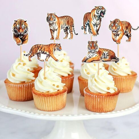 Ercadio 24 Pack Tiger Cupcake Toppers Tiger Cupcake Picks Animal Cupcake Picks Tiger Birthday Cupcake Decorations for Baby Shower Birthday Animal Theme Party Cake Decor Supplies in Kuwait