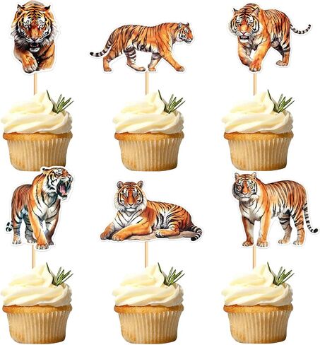 Ercadio 24 Pack Tiger Cupcake Toppers Tiger Cupcake Picks Animal Cupcake Picks Tiger Birthday Cupcake Decorations for Baby Shower Birthday Animal Theme Party Cake Decor Supplies in Kuwait