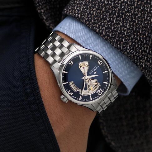 Hamilton Watch Jazzmaster Open Heart Auto | Swiss Made | 42mm Stainless Steel Case | Blue Dial Analog Watch | Silver Stainless Steel Bracelet (Model: H32705141) in Saudi Arabia