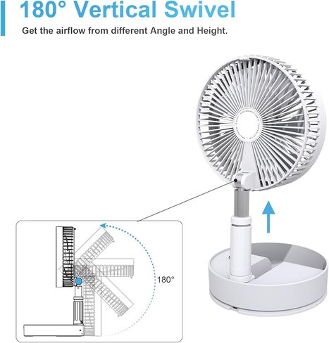 مروحة محمولة قابلة للطي لاسلكية قابلة لإعادة الشحن، مروحة محمولة بقاعدة قابلة للطي ومكتب ومروحة أرضية لاسلكية مع مروحة قائمة تعمل بالبطارية 7200 مللي أمبير في الساعة للمطبخ المنزلي والتخييم في الهواء الطلق (أبيض) in Kuwait