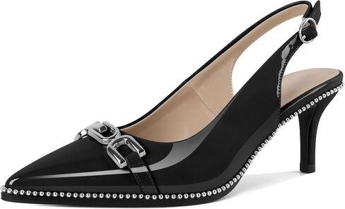 SAMMITOP Slingback Heels for Women Pointed Toe Kitten Low Heel Pumps Silver Beaded Metal Buckle Comfortable Slip On Party Prom Dress Shoes 2.4 Inch in Saudi Arabia