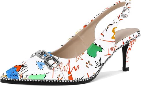 SAMMITOP Slingback Heels for Women Pointed Toe Kitten Low Heel Pumps Silver Beaded Metal Buckle Comfortable Slip On Party Prom Dress Shoes 2.4 Inch in Saudi Arabia