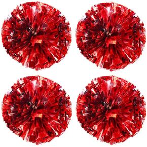 TTSAM 4 Pack (2 Pair) Metallic Foil Cheerleader Pom Poms & Plastic Ring Cheer Poms with Baton Handle Cheerleading Pompoms for Sports Party Dance Team Accessories Cheering Squad Spirit (Red & Silver)