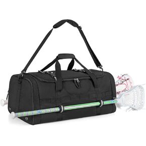 Lacrosse Bag Holds 2 Sticks and Shoes, Lacrosse Equipment Backpack with External Helmet Holder & Multi Pockets for All of Your LAX Gear, Black