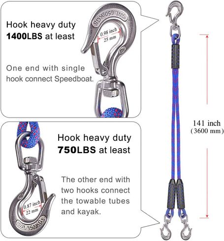 24 ft Heavy Duty Boat Tow Harness, Boat Tow Ropes, Easy Connection w/ 3 Stainless Steel Larger Hooks, SELEWARE in Saudi Arabia
